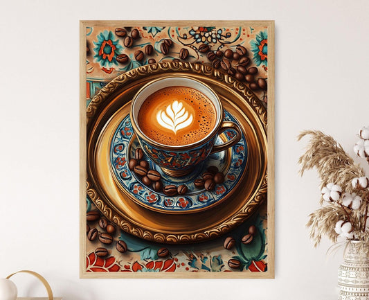 Affiche Art Espresso Pakistanais – Illustration de Tasse en Acier Avec Motif Ajrak