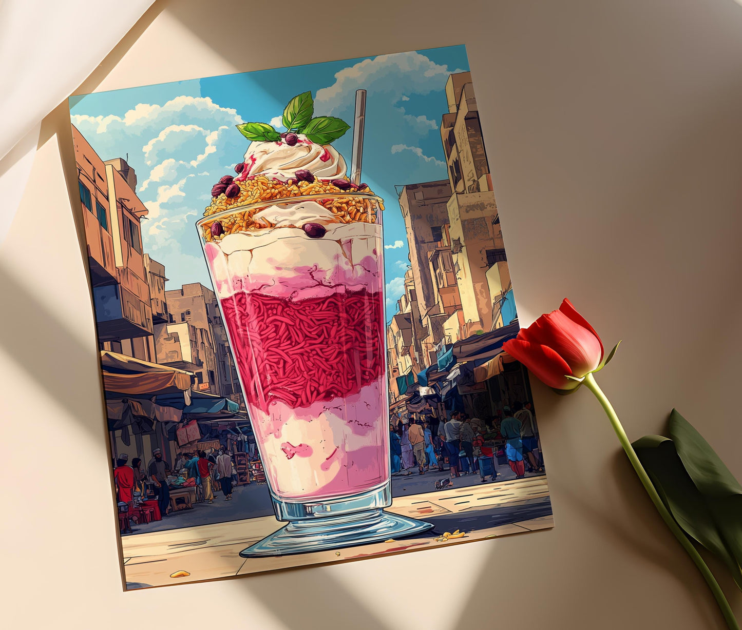 Affiche Falooda Pakistanaise – Illustration de sirop de rose et vermicelles