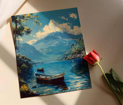 Affiche Lac Atitlán – Impression d'art avec bateaux mayas traditionnels