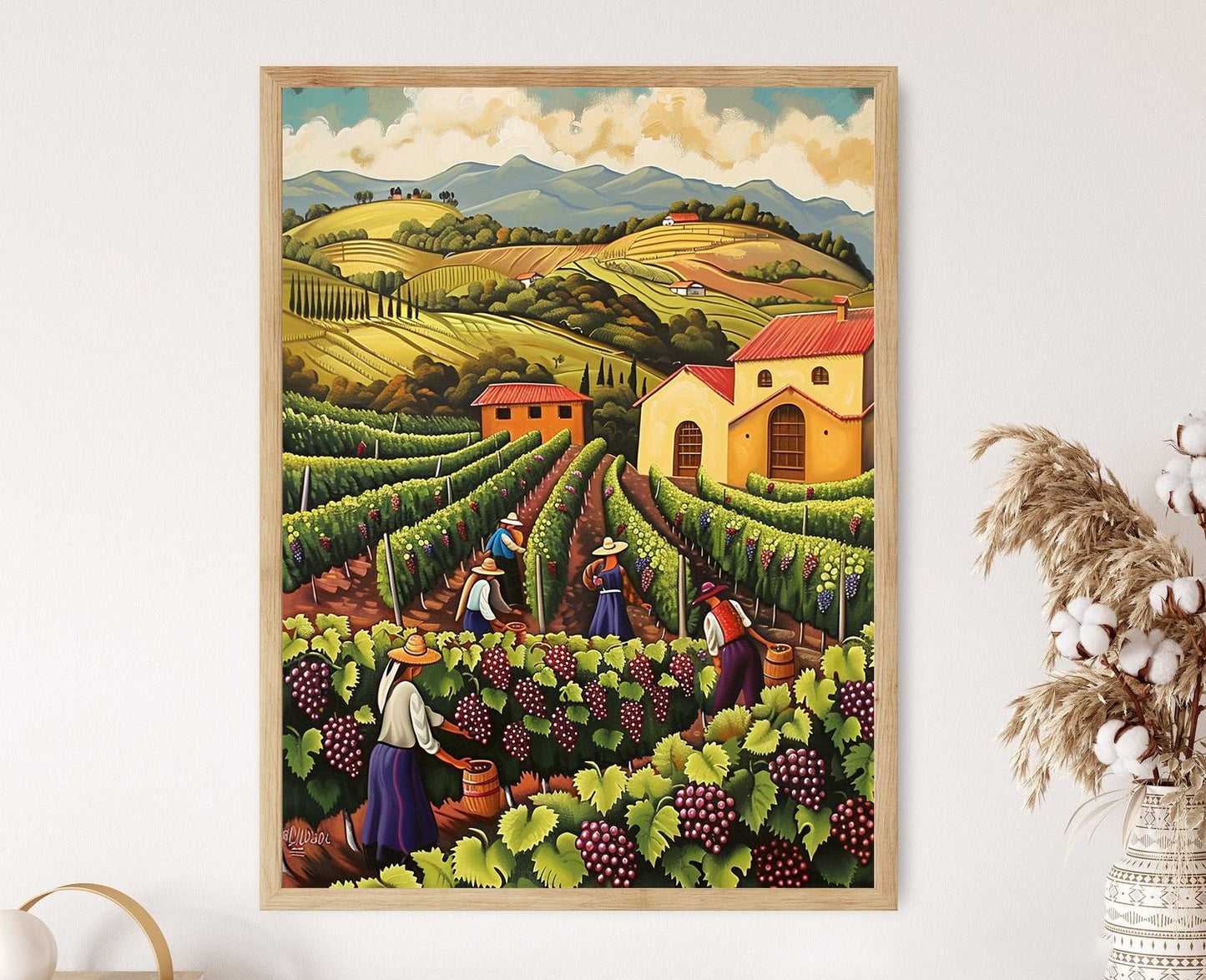 Affiche Vignoble Chilien – Peinture de Récolte de Raisins Traditionnelle