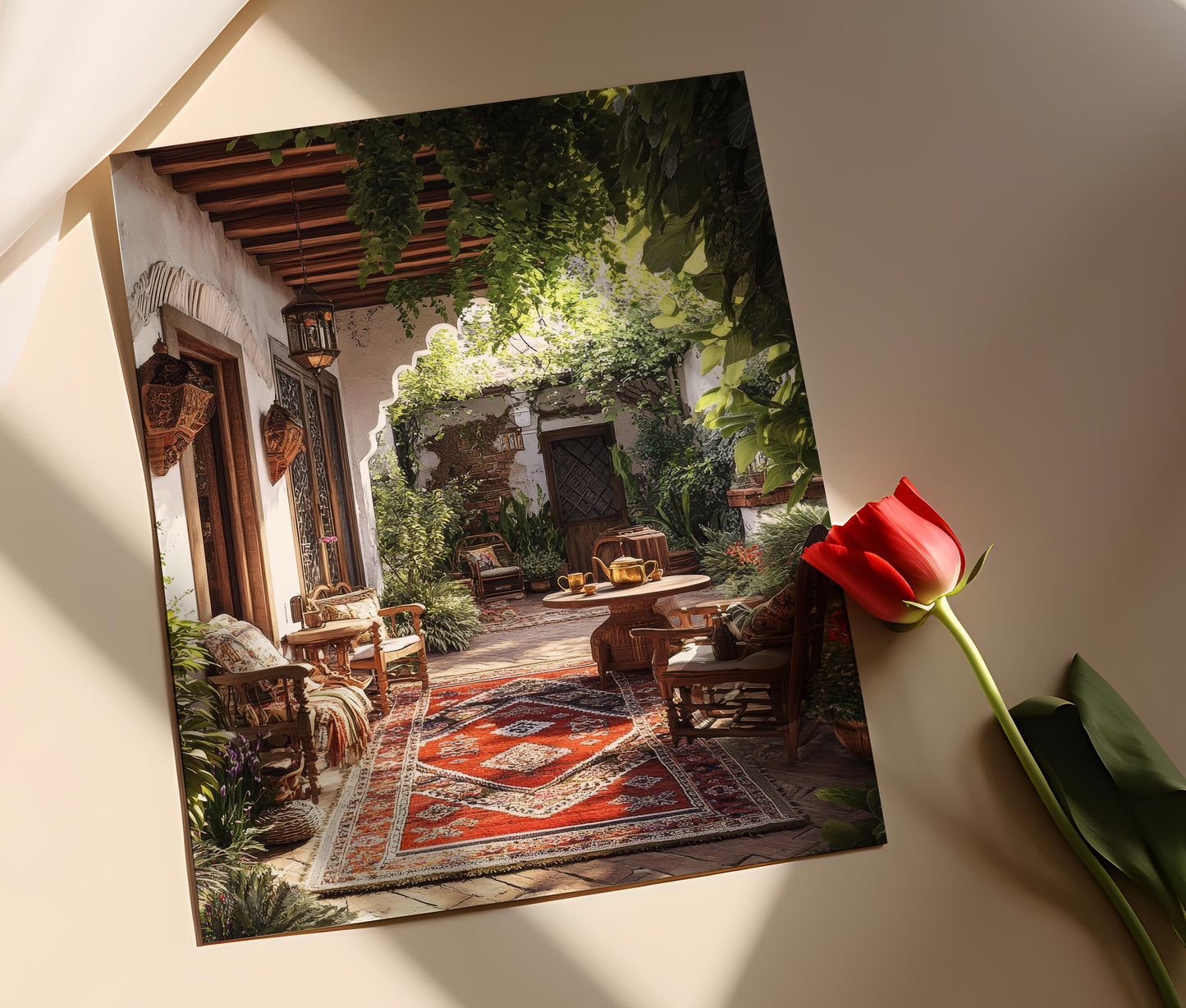 Affiche Peshawar – Poster Illustration Tapis Kilim & Ensemble Thé en Laiton