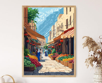 Plakat eines jesidischen Gemüsemarktes – Farbenfrohes Illustrationsplakat aus Kurdistan