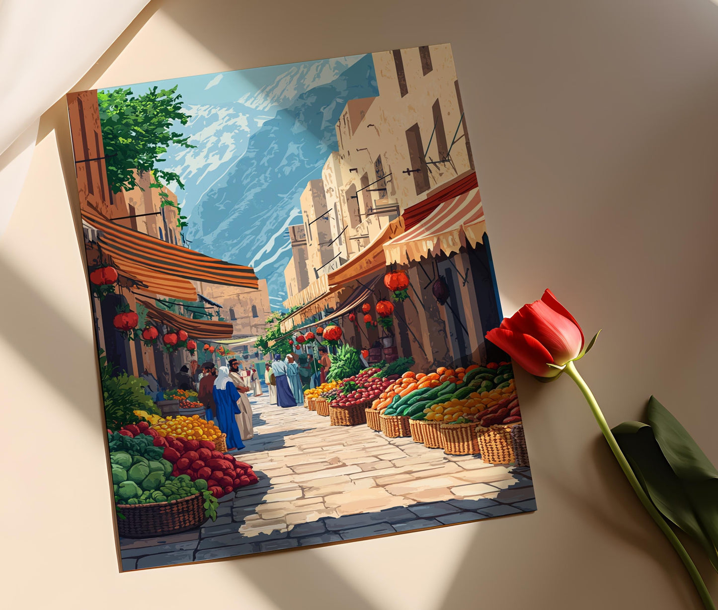 Plakat eines jesidischen Gemüsemarktes – Farbenfrohes Illustrationsplakat aus Kurdistan