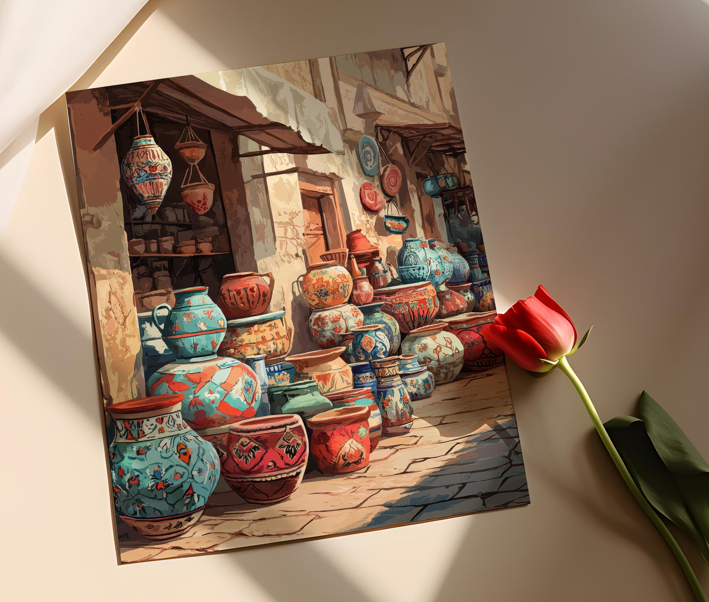 Affiche Art de la Poterie Irakienne – Scène Vibrante du Marché Oriental