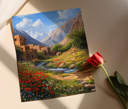 Affiche Village Irakien – Impression d'art de fleurs sauvages et montagnes