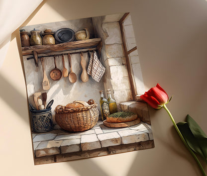 Affiche Cuisine Libanaise Rustique – Illustration d'Ustensiles en Cèdre et Huile d'Olive