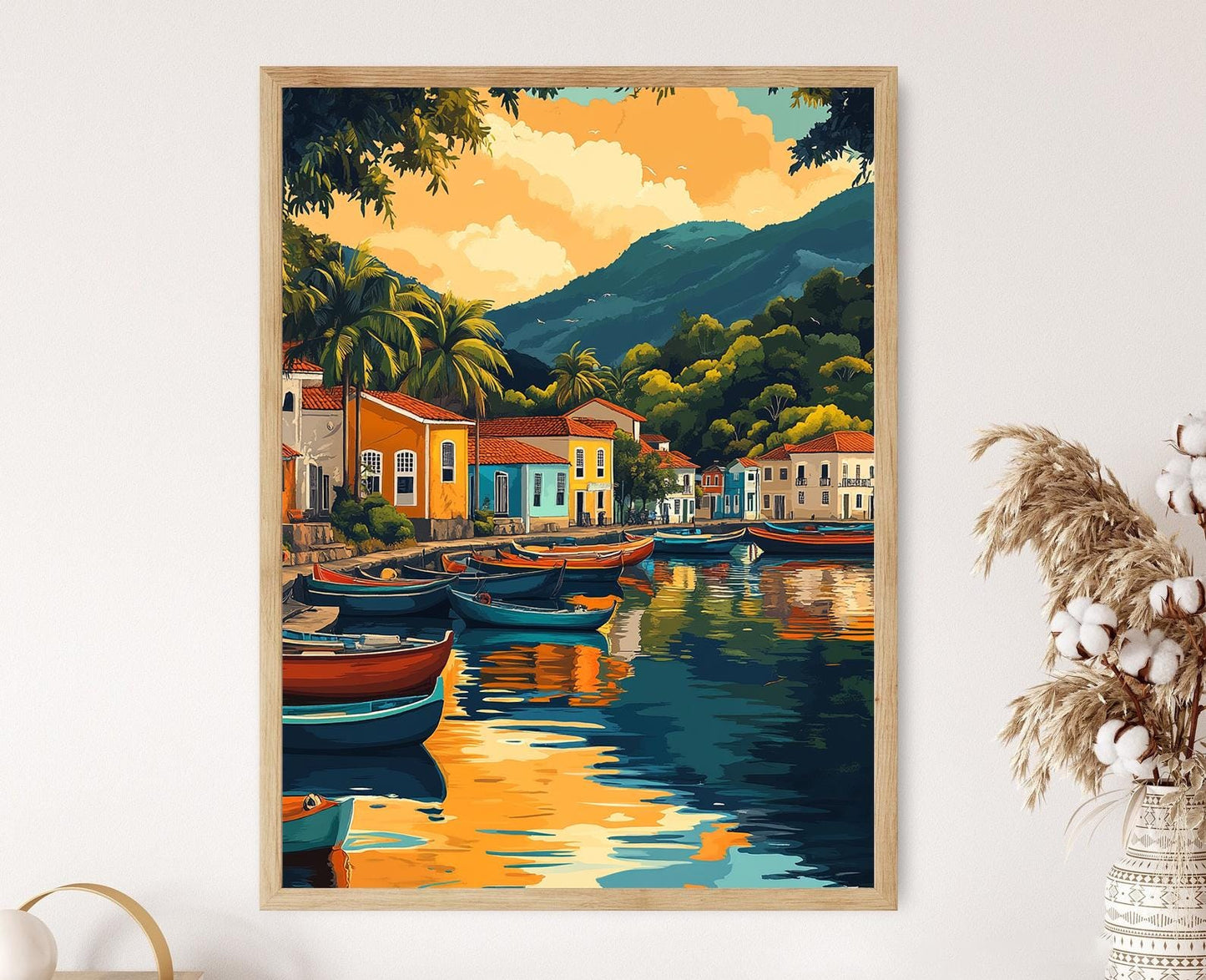 Affiche Paraty – Impression artistique côtière brésilienne avec bateaux colorés
