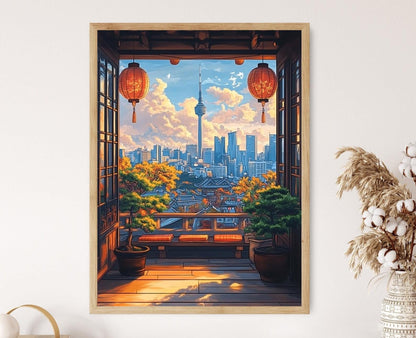 Affiche Patio Rooftop Séoul – Illustration Vecteur Urbaine Coréenne