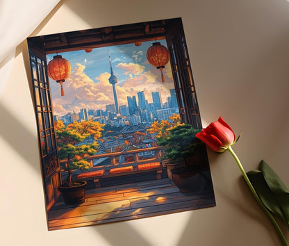 Affiche Patio Rooftop Séoul – Illustration Vecteur Urbaine Coréenne