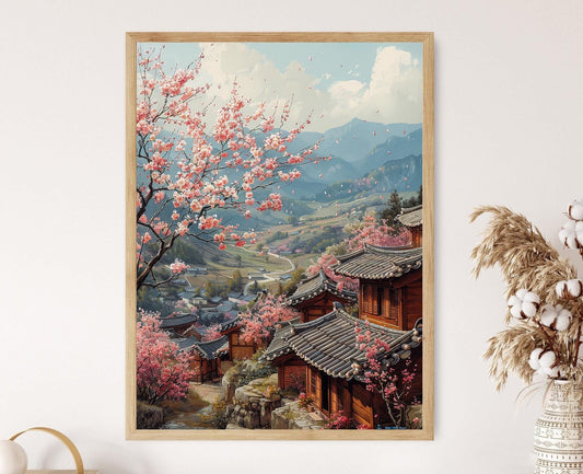 Affiche Campagne Coréenne – Poster Maisons Hanok & Cerisiers en Fleurs