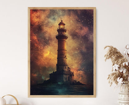 Affiche Phare d'Alexandrie – Art de Merveille Antique sous un Ciel Étoilé