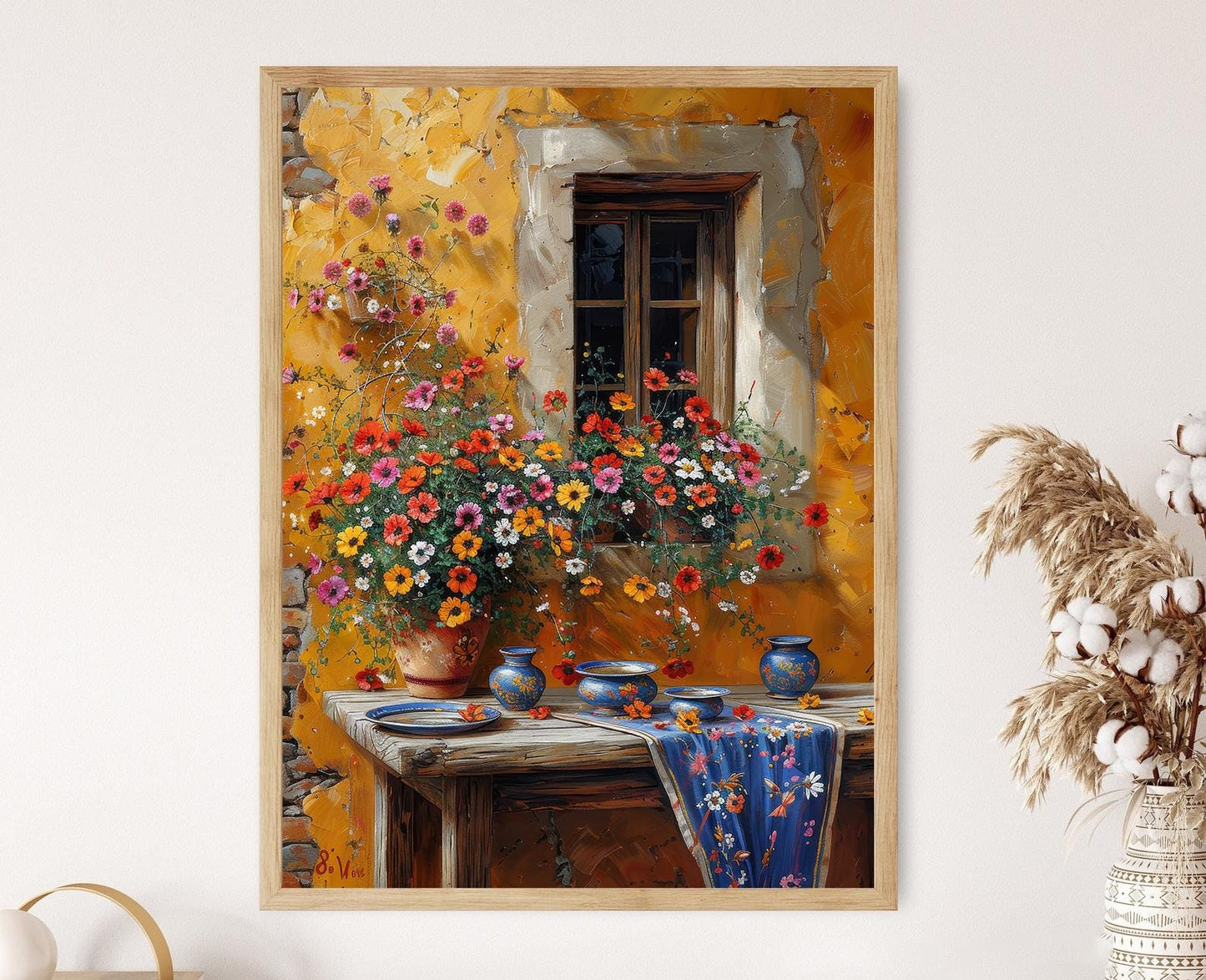 Affiche Céramique Polonaise – Poster Fleurie et Village Rustique