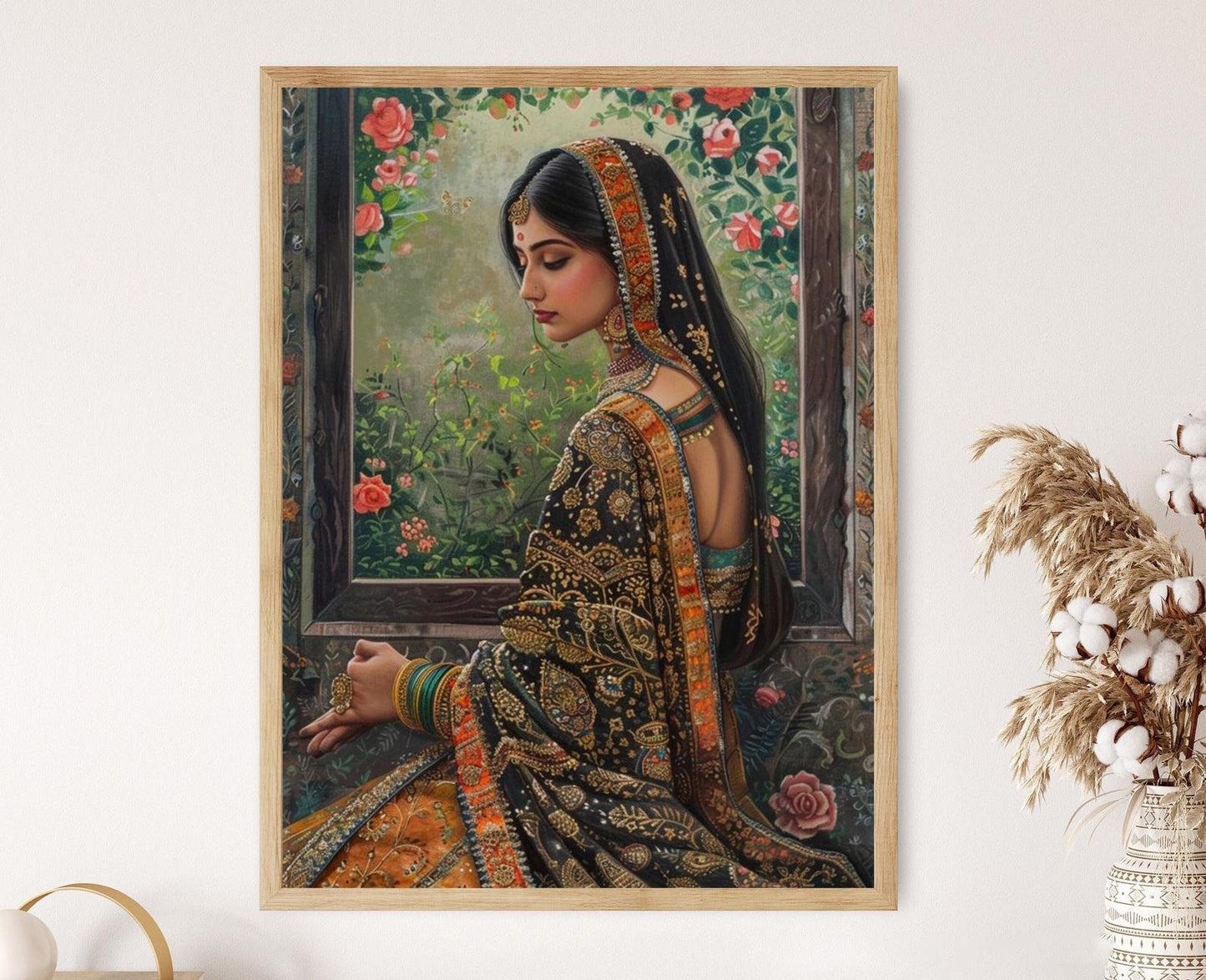 Affiche Peinture Kangra – Portrait élégant de femme indienne, art floral