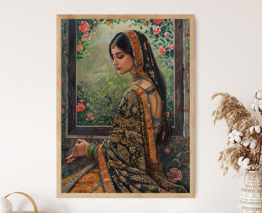 Affiche Peinture Kangra – Portrait élégant de femme indienne, art floral
