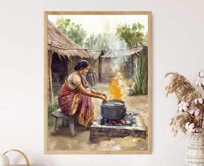 Affiche Femme Bengali en Cuisine – Poster Décor de Village