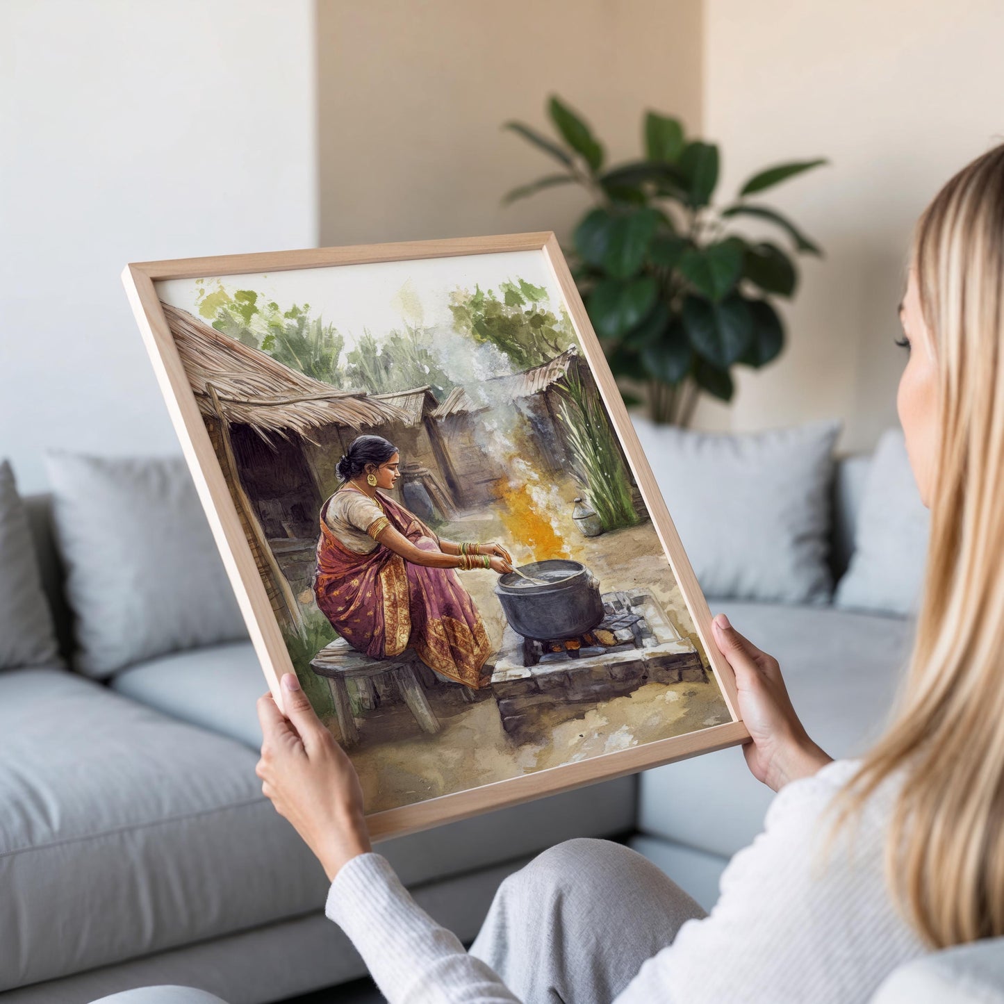 Affiche Femme Bengali en Cuisine – Poster Décor de Village