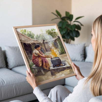 Affiche Femme Bengali en Cuisine – Poster Décor de Village