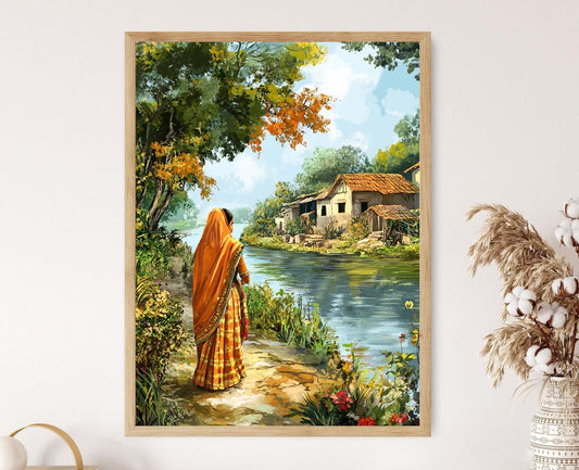 Affiche Femme Bengali au Bord de la Rivière – Décor Mural Villageois