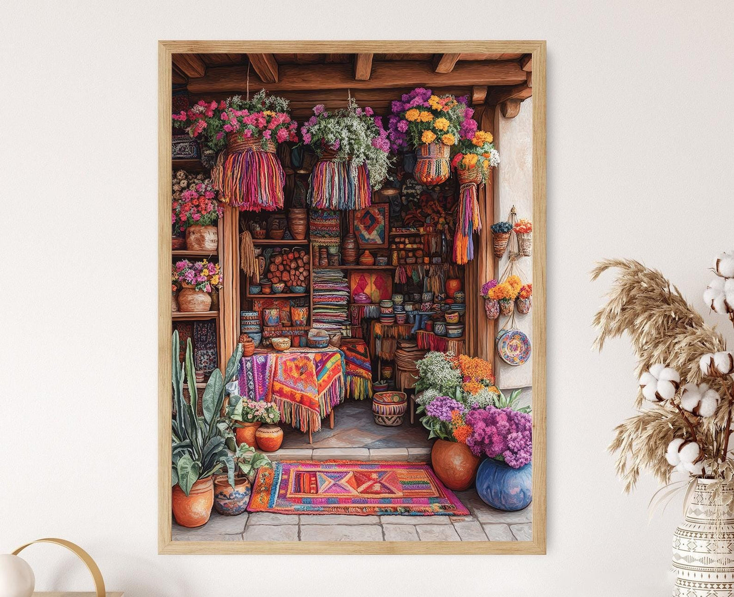 Affiche Marché Péruvien – Poster Décor Textiles et Poterie Alpaga