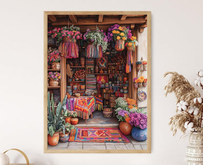 Affiche Marché Péruvien – Poster Décor Textiles et Poterie Alpaga