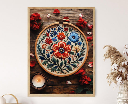 Affiche Broderie Polonaise – Poster Floral en Cerceau en Bois