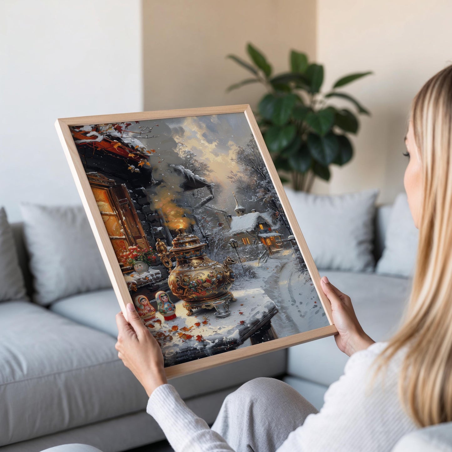 Affiche Hiver Moscou – Poster Scène de Village enneigé avec Samovar