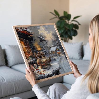 Affiche Hiver Moscou – Poster Scène de Village enneigé avec Samovar