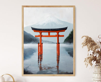 Affiche Lac Ashi – Poster Art Japonais, Torii Rouge & Mont Fuji
