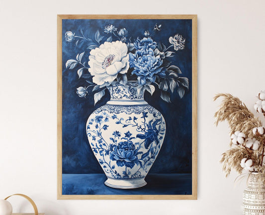 Affiche Vase Chinoiserie Bleu et Blanc – Art Floral Élégant