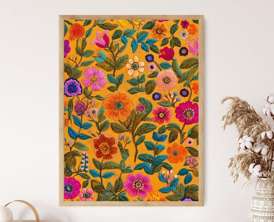 Affiche Phulkari – Imprimé d'art brodé, motifs floraux délicats