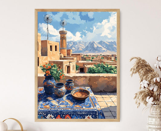 Affiche Yazd – Illustration de toits, attrape-vents et décor iranien