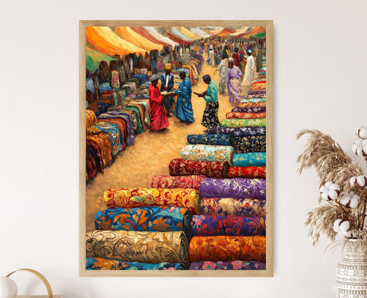 Affiche Marché Textile Soudanais – Impression Art déco en tissu africain