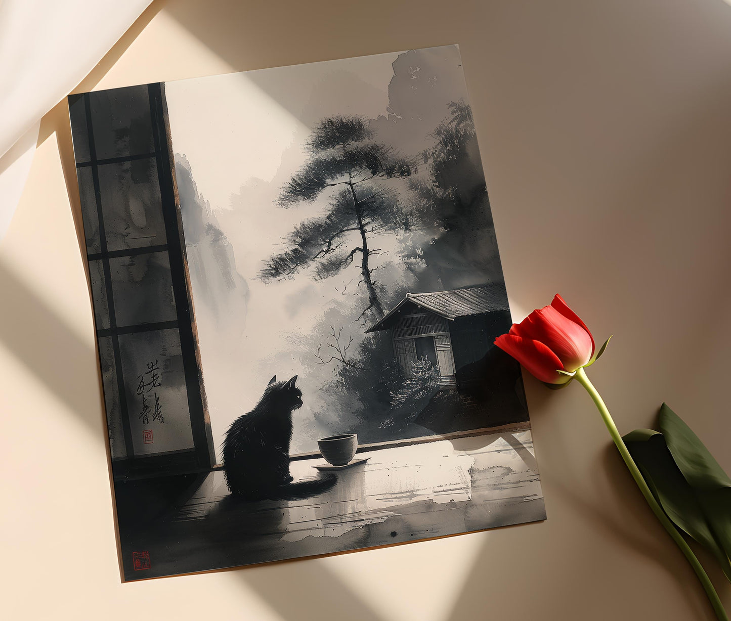 Affiche Chat Zen dans Maison de Thé Japonaise – Peinture à l’Encre Tranquille