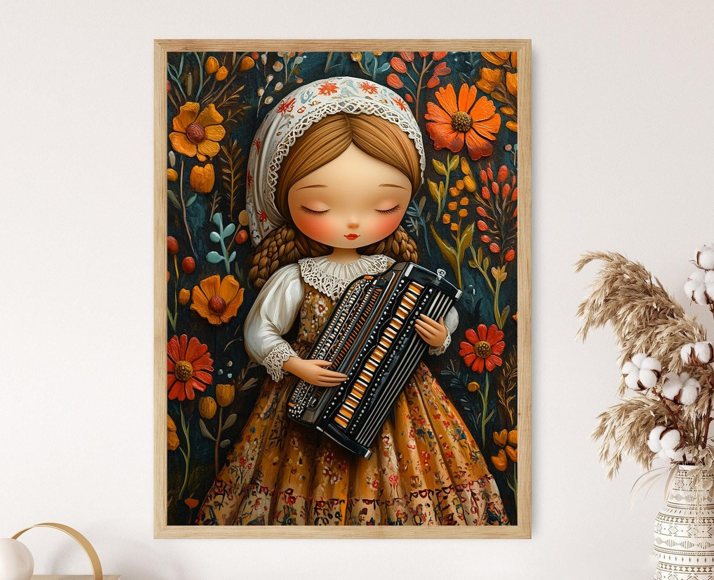 Affiche Fille Serbe – Poster Art Print avec Accordéon et Costume Floral