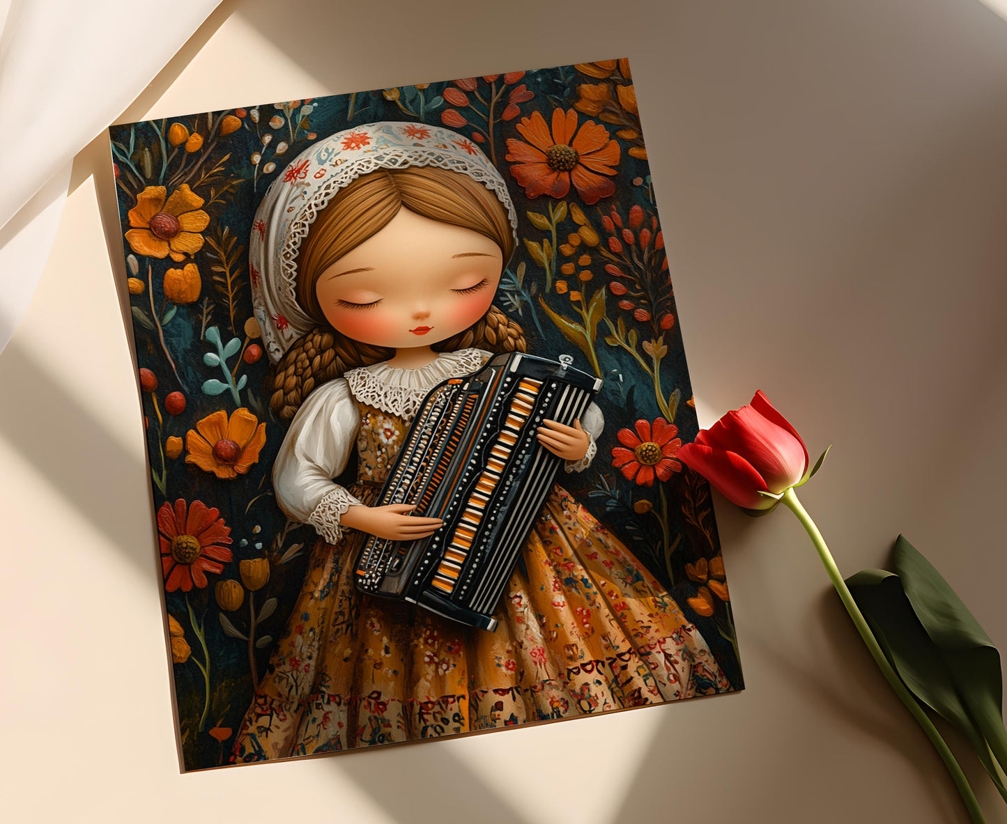Affiche Fille Serbe – Poster Art Print avec Accordéon et Costume Floral