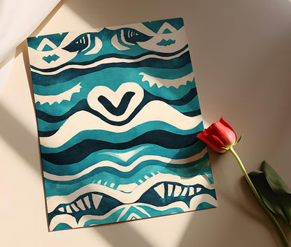 Affiche Motif Aquatique Zuni – Poster Tribal Amérindien en Turquoise