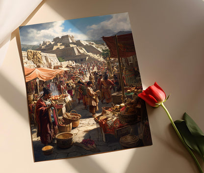 Affiche Aztèque – Art de Tenochtitlan et Marché Traditionnel