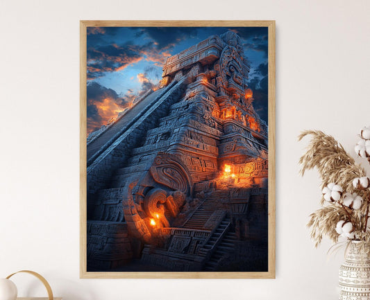 Affiche Temple Aztèque – Impression Art, Ciel Nocturne & Torches Luminantes