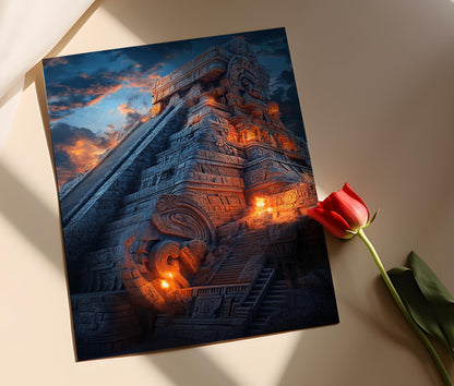 Affiche Temple Aztèque – Impression Art, Ciel Nocturne & Torches Luminantes
