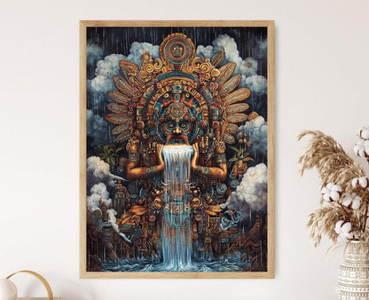 Affiche Tlaloc – Art print du Dieu de la pluie avec nuages et symboles de fertilité