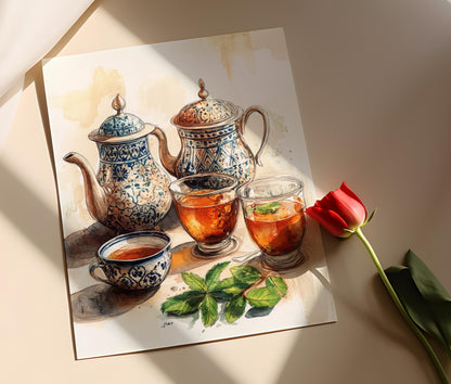 Affiche Théière Marocaine – Poster Art Métallique et Décor de Thé