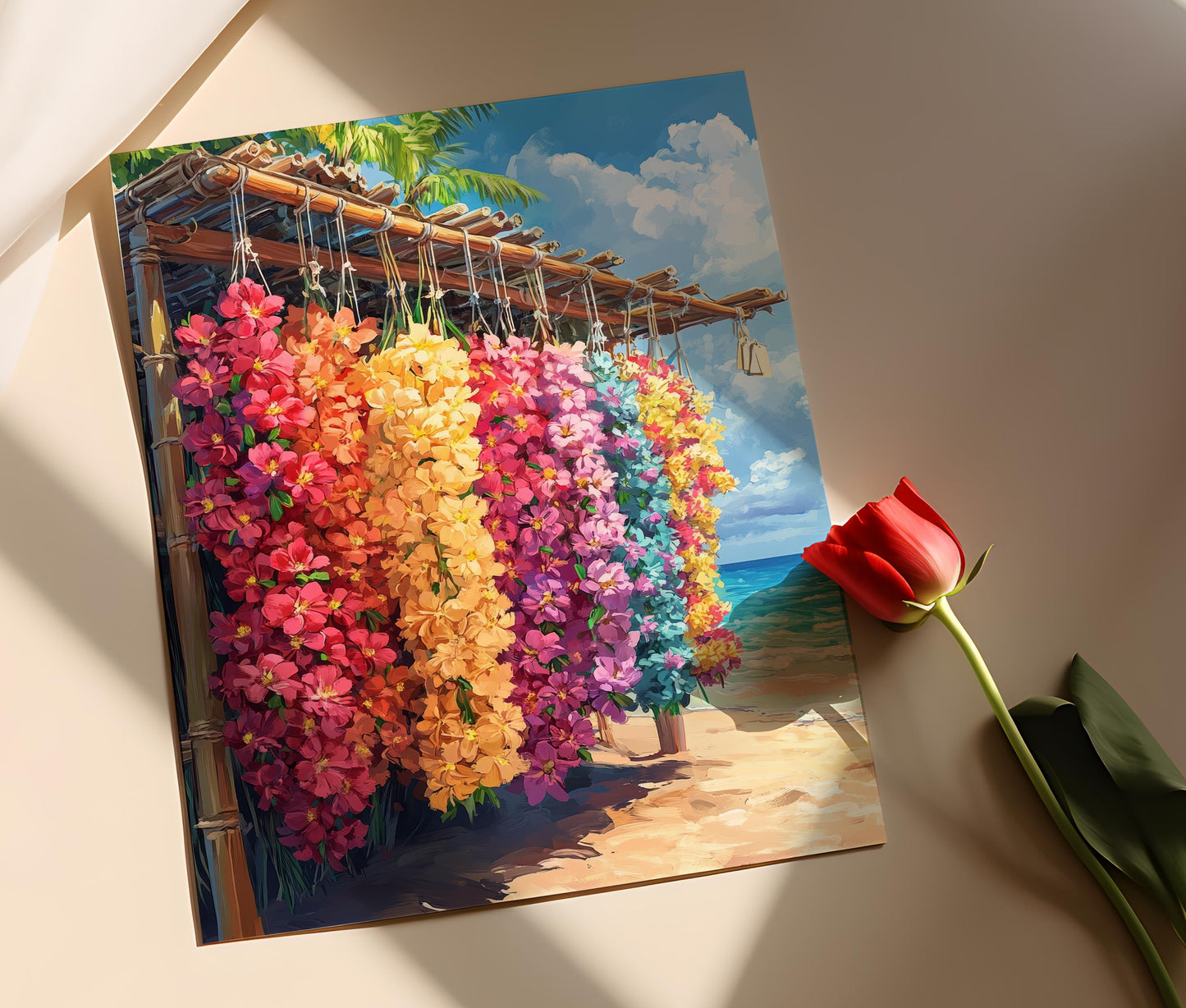 Affiche Île Tropicale – Illustration de Lei et Couronne de Fleurs