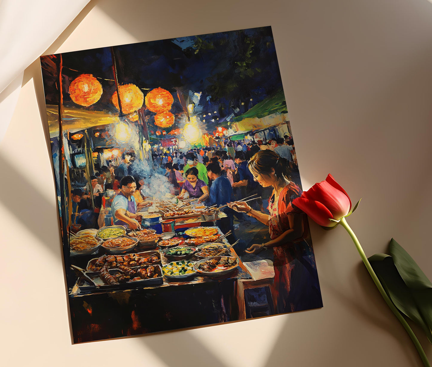 Affiche Cuisine de Rue Malaisienne – Poster Grillades Sizzling, Marché Nocturne