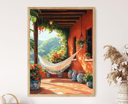 Affiche Tropicale – Impression Art de Patio Salvadorien, Hamaca et Céramique