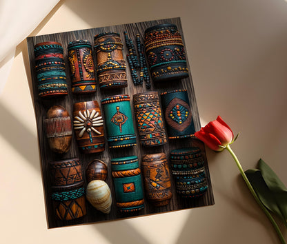 Affiche Boîte à Bijoux Africaine – Illustration en Bois Sculpté et Perles