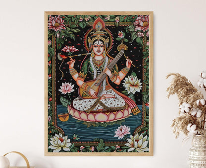 Affiche Déesse Saraswati – Impression Pattachitra Art Indienne Traditionnelle