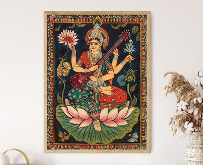 Affiche Déesse Saraswati – Poster Art Folklorique Indien Traditionnel
