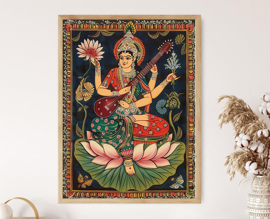 Affiche Déesse Saraswati – Poster Art Folklorique Indien Traditionnel