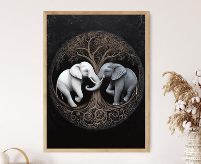 Affiche Équilibre Yin Yang – Poster Art Élégant d'Éléphant et Arbre