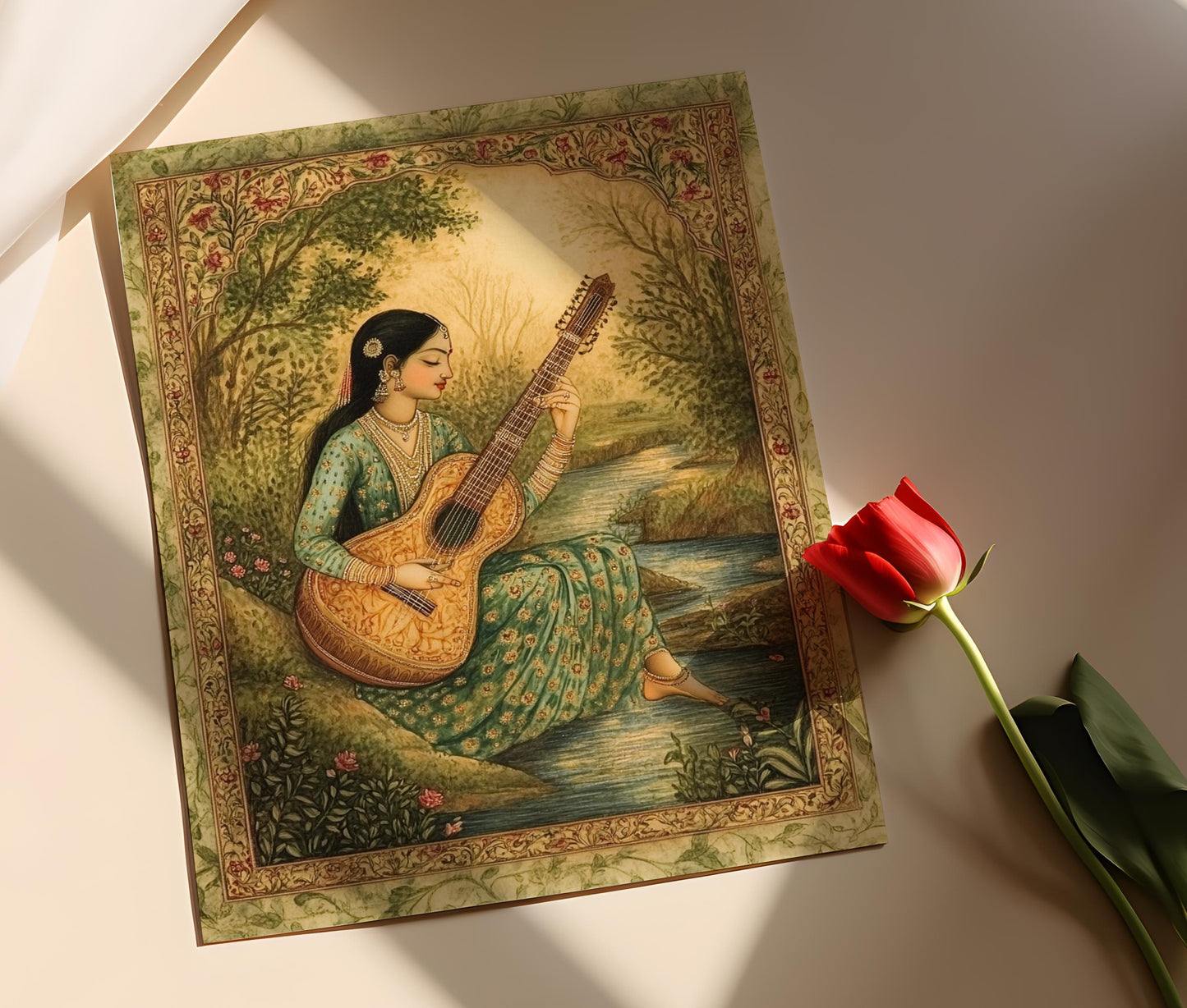 Affiche Art Miniature Indienne – Peintre de Sitar Antique et Apaisant